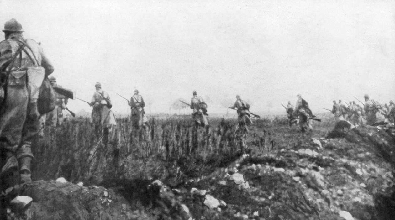 Franskmennene starter sin offensiv, 2. slaget ved Champagne, Frankrike, 25. september 1915 av Unbekannt