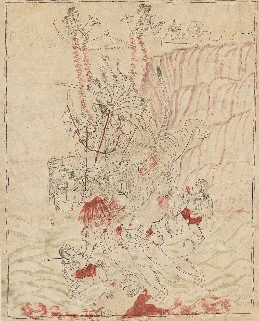 Gudinnen Durga dreper bøffeldemonen, Mahisha Mahishasur Mardini, Ka. 1760. av Unbekannt