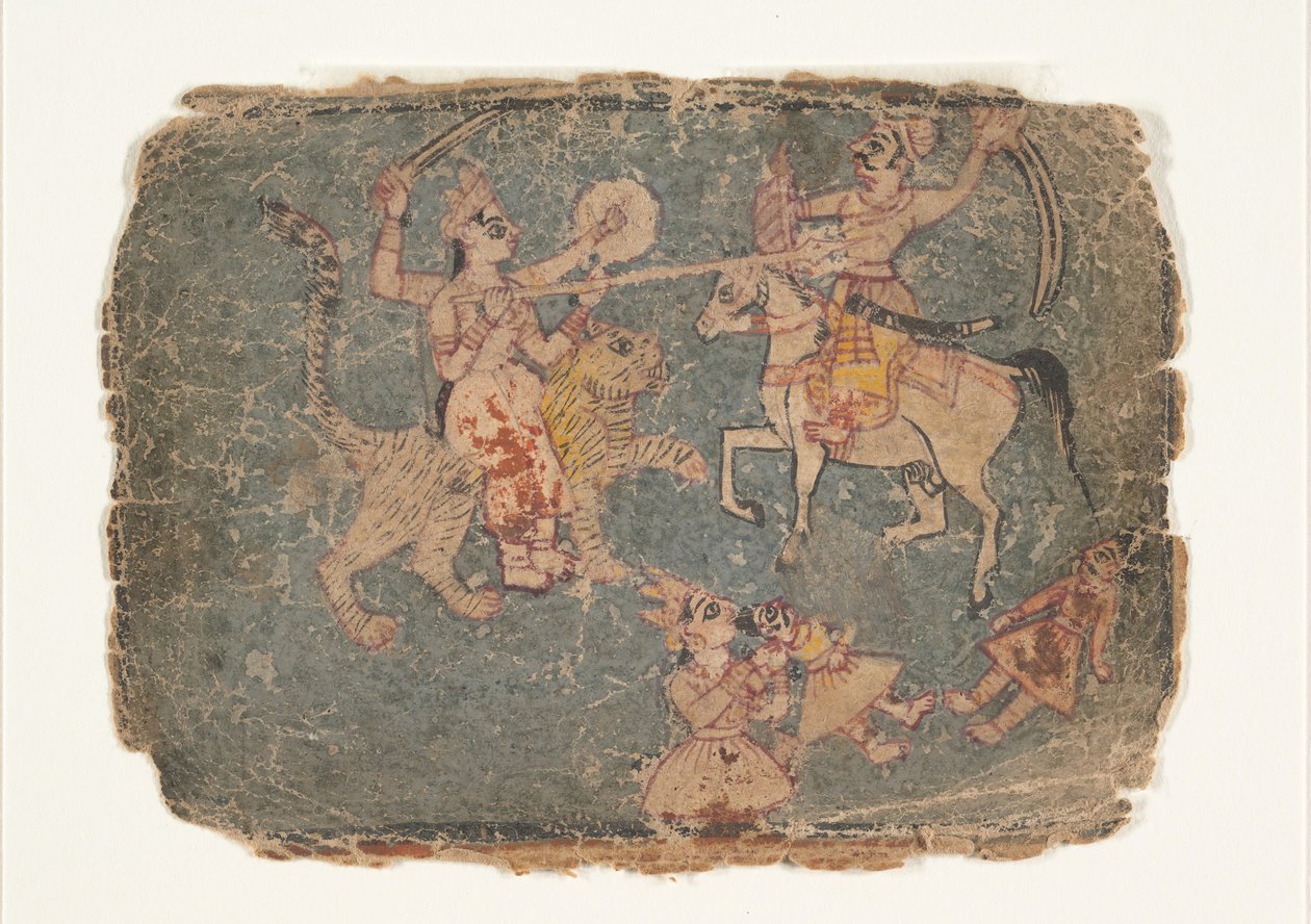 Gudinnen Durga dreper en fiende, side fra en spredt Markandeya Purana..., 1650-60. av Unbekannt