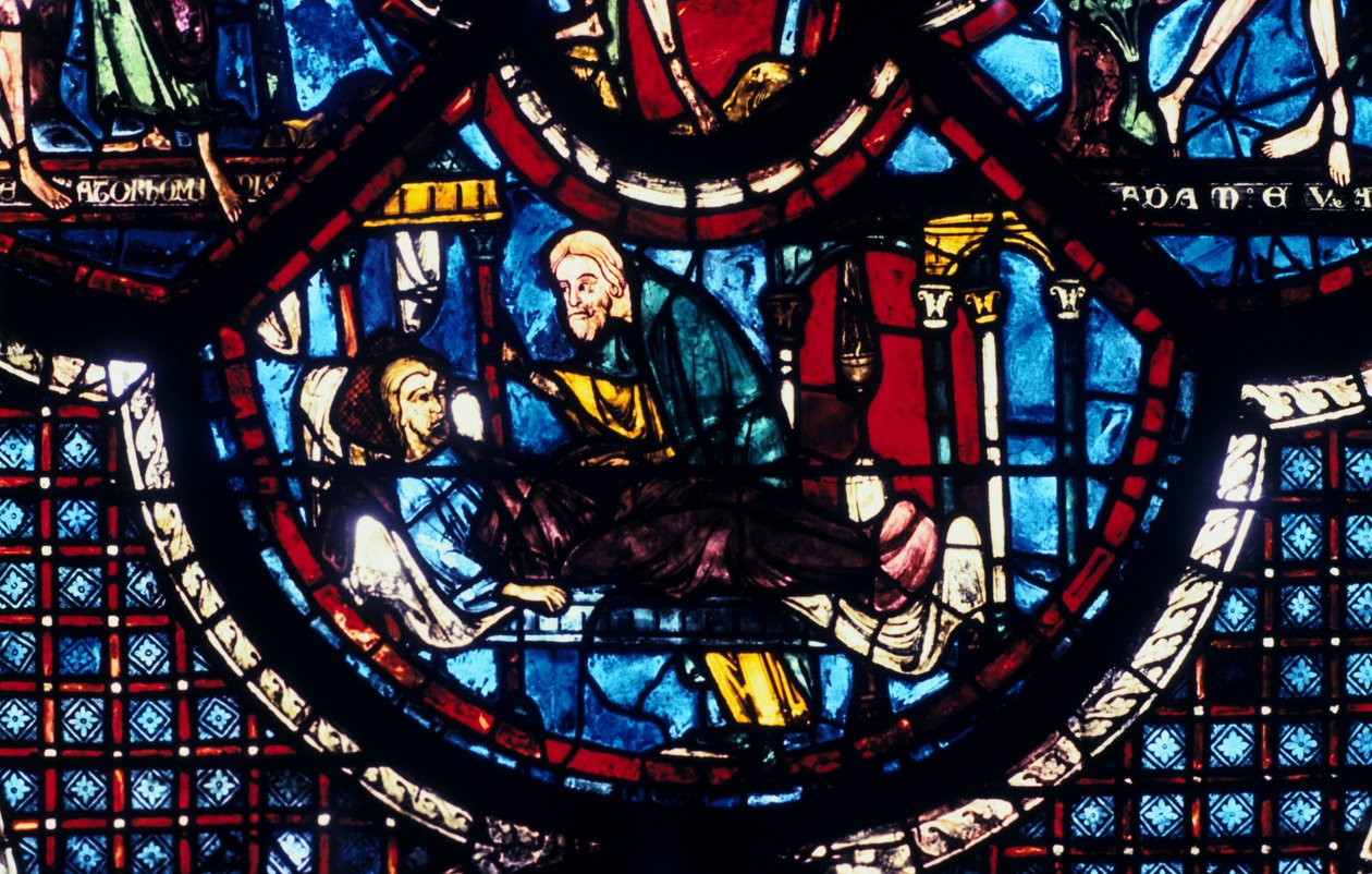 Den barmhjertige samaritanen bryr seg om pilegrimen, glassmalerier, Chartres-katedralen, Frankrike, 1205-1215 av Unbekannt