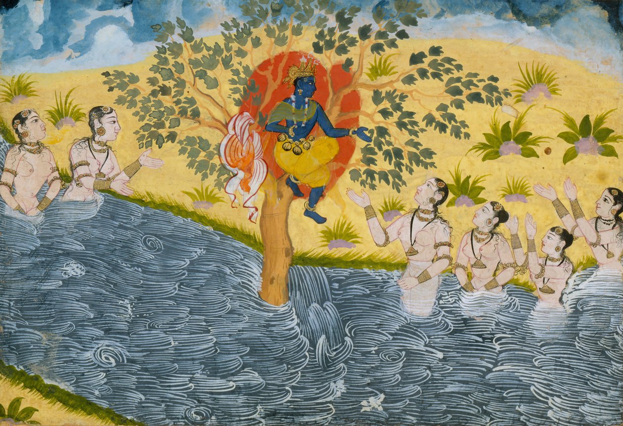 Gopiene ber Krishna om å returnere klærne sine, side fra en Bhagavata Purana..., ca. 1610. av Unbekannt