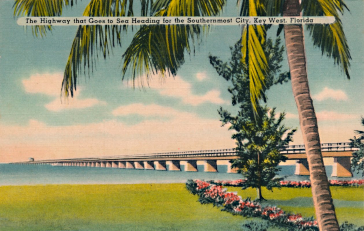 Motorveien som går til sjøen på vei mot den sørligste byen, Key West, Florida, c1940-tallet av Unbekannt