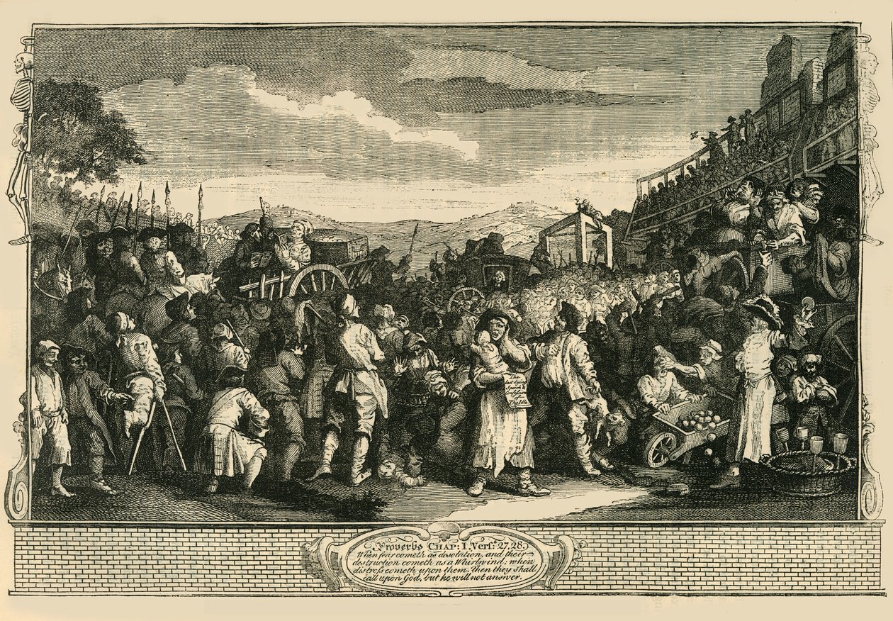 Den ledige lærlingen henrettet i Tyburn. Etter Hogarths Print., 1747, c1876. av Unbekannt