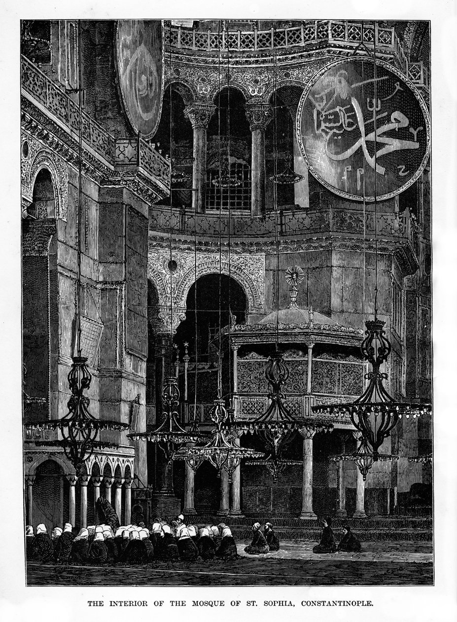 Interiøret i moskeen Santa Sophia, Konstantinopel, Tyrkia, 1800-tallet av Unbekannt