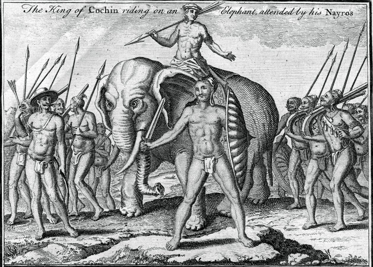 Kongen av Cochin rir på en elefant, deltatt av hans Nayros, c1745 av Unbekannt