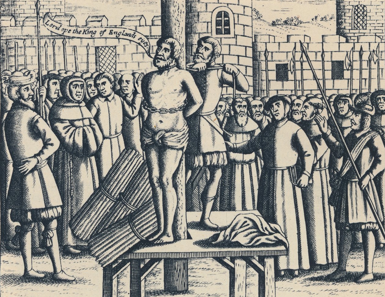 The Martyrdom of Master William Tindall in Flanders av Vilvorde Castle, 1563, 1947 av Unbekannt