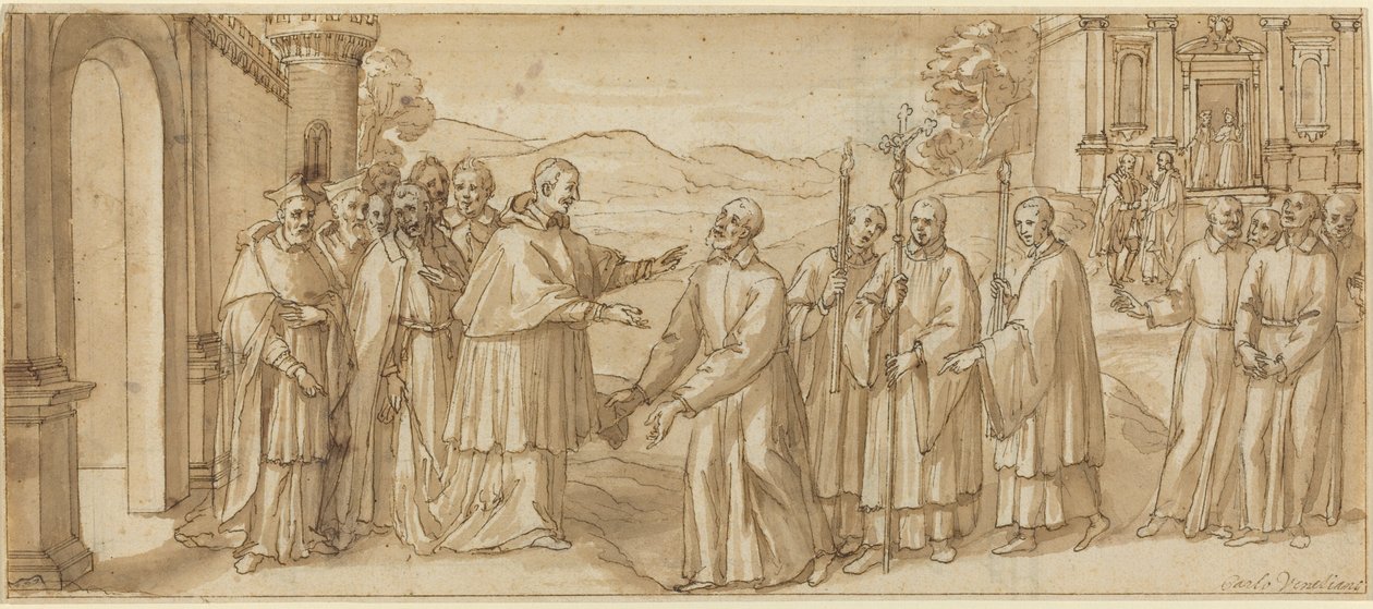 Møtet mellom San Carlo Borromeo og San Filippo Neri, ca. 1600. av Unbekannt