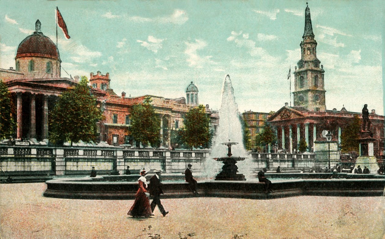 Nasjonalgalleriet, St Martin in the Fields og fontener på Trafalgar Square, London, c1910. av Unbekannt