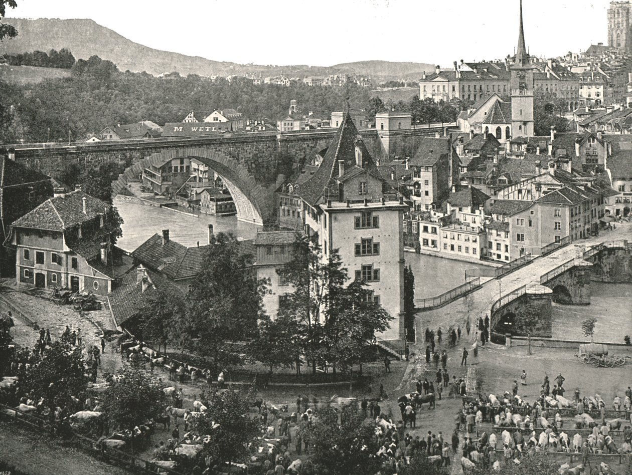 Nydeggbrücke og storfemarkedet, Bern, Sveits, 1895. av Unbekannt