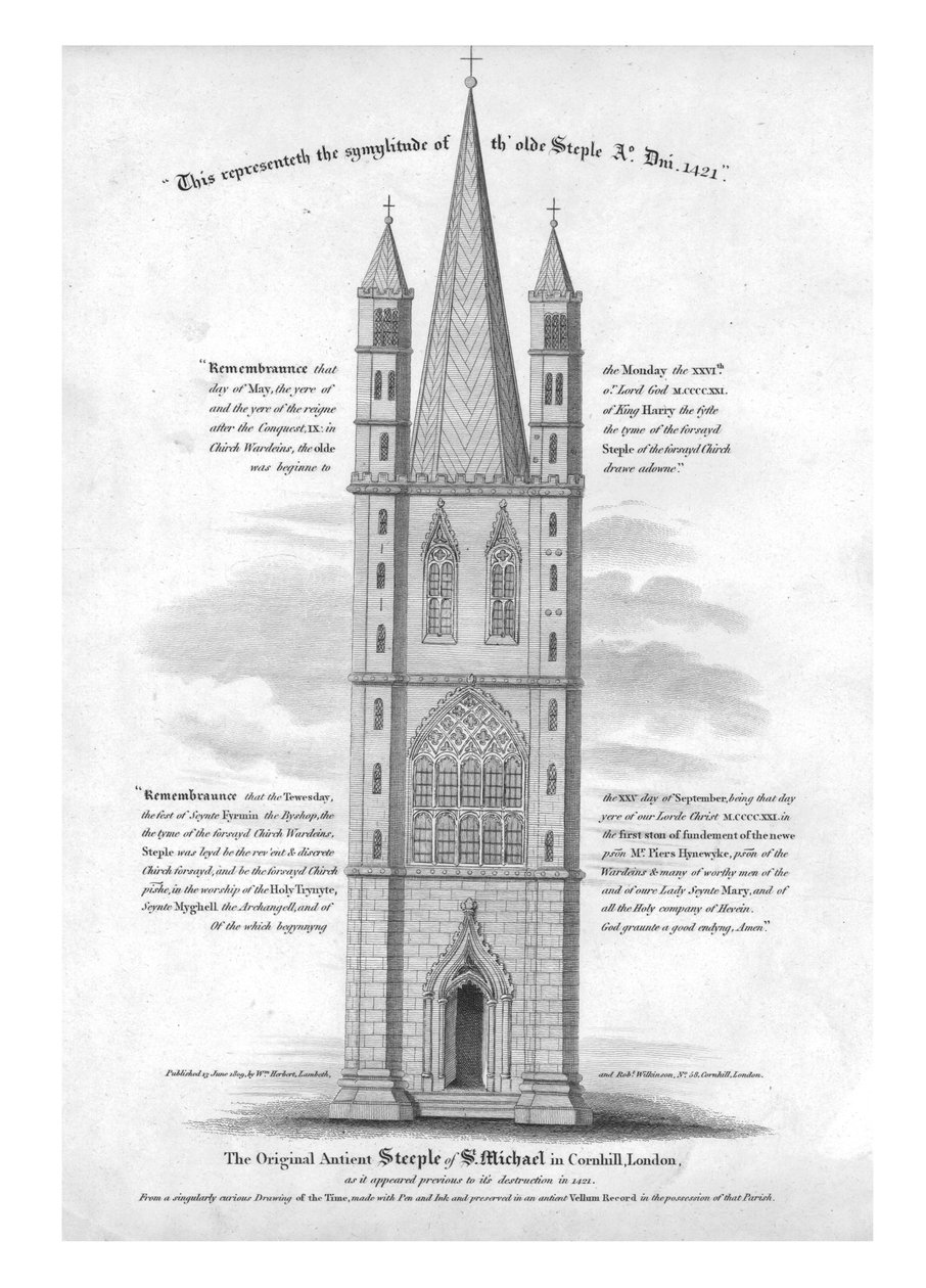 The Original Ancient Steeple of St. Michael in Cornhill, London...1421, 1809. av Unbekannt