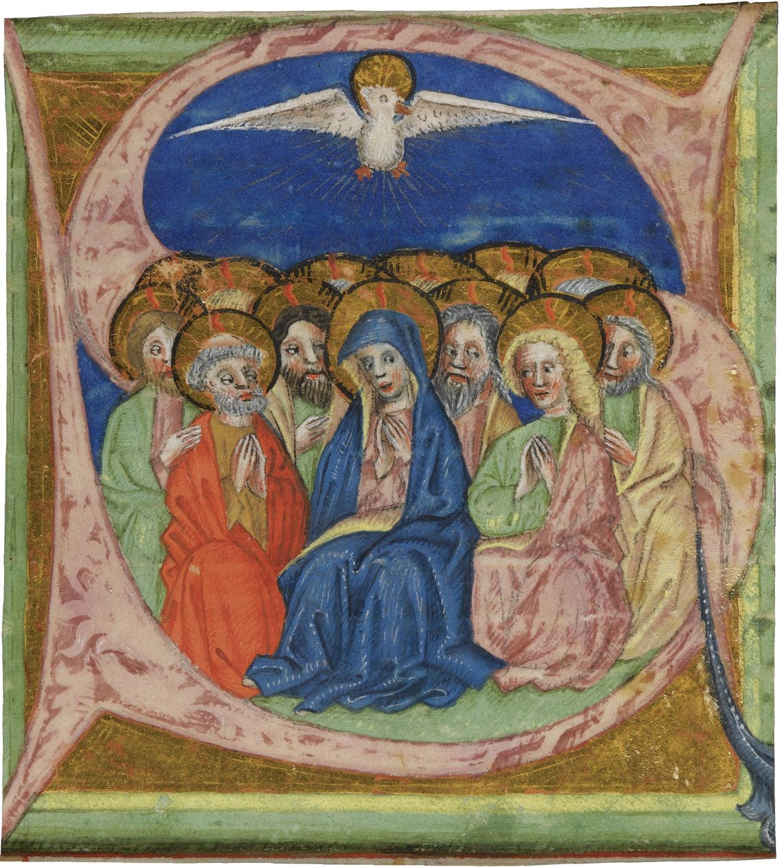 Pinsen. Initial S fra et manuskript Gradual, ca 1430 av Unbekannt