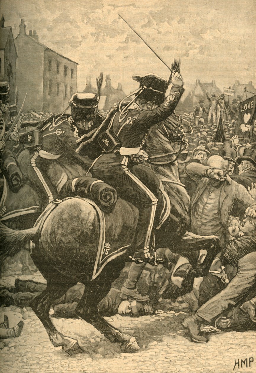 Peterloo-massakren: husarer som anklager folket, Manchester, 1819 c1890. av Unbekannt