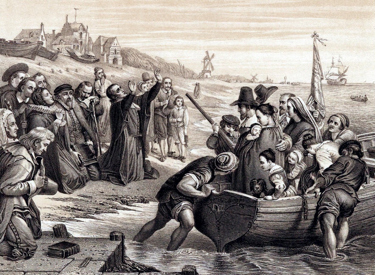 Pilgrimsfedrene forlater Delft Haven på sin reise til Amerika, juli 1620 1878 av Unbekannt