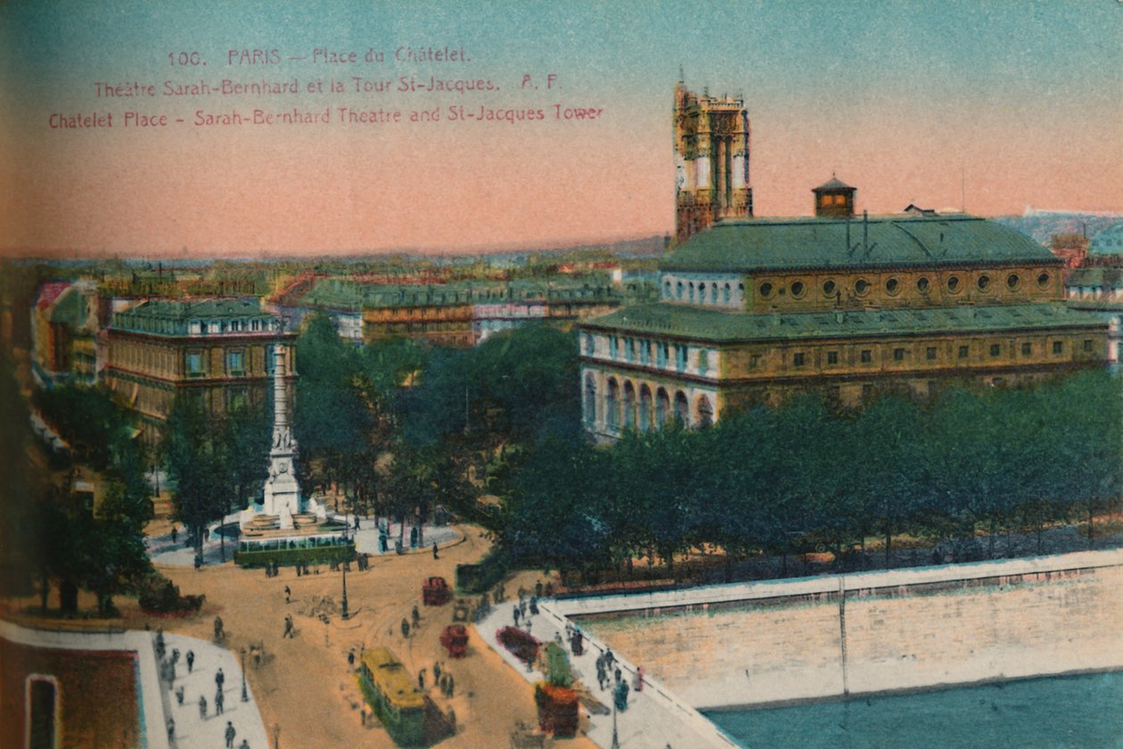 The Place du Châtelet - Sarah-Bernhardt Theatre og Tour Saint-Jacques, c1920 av Unbekannt