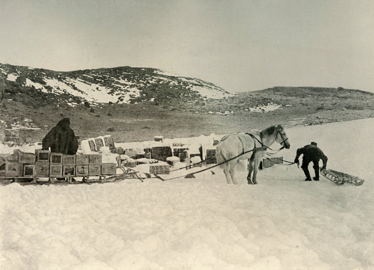 Pont Quan er i ferd med å tegne en sledelast av butikker, c1908, 1909 av Unbekannt