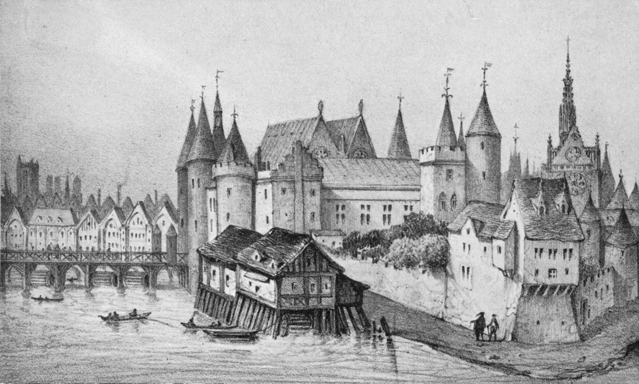 `Pont aux Meuniers og en del av palasset til kongen av byen i 1556, 1915 av Unbekannt