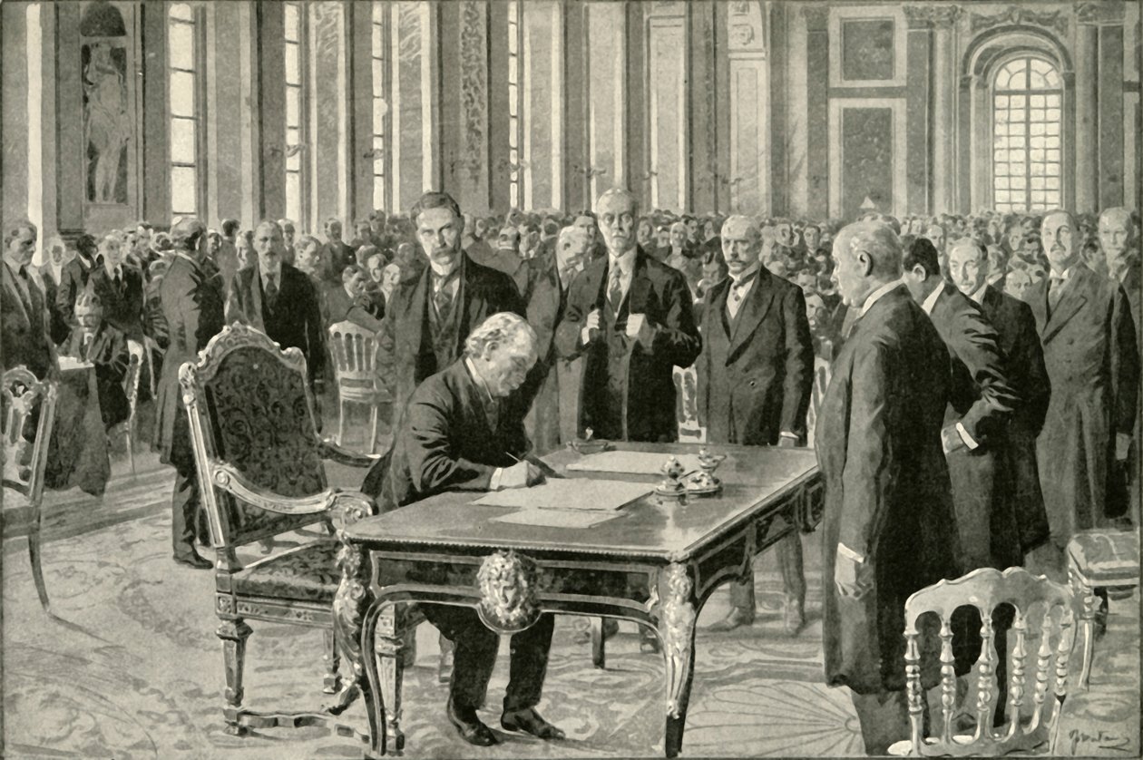 Storbritannias statsminister signerer fredsavtalen, 1919. av Unbekannt