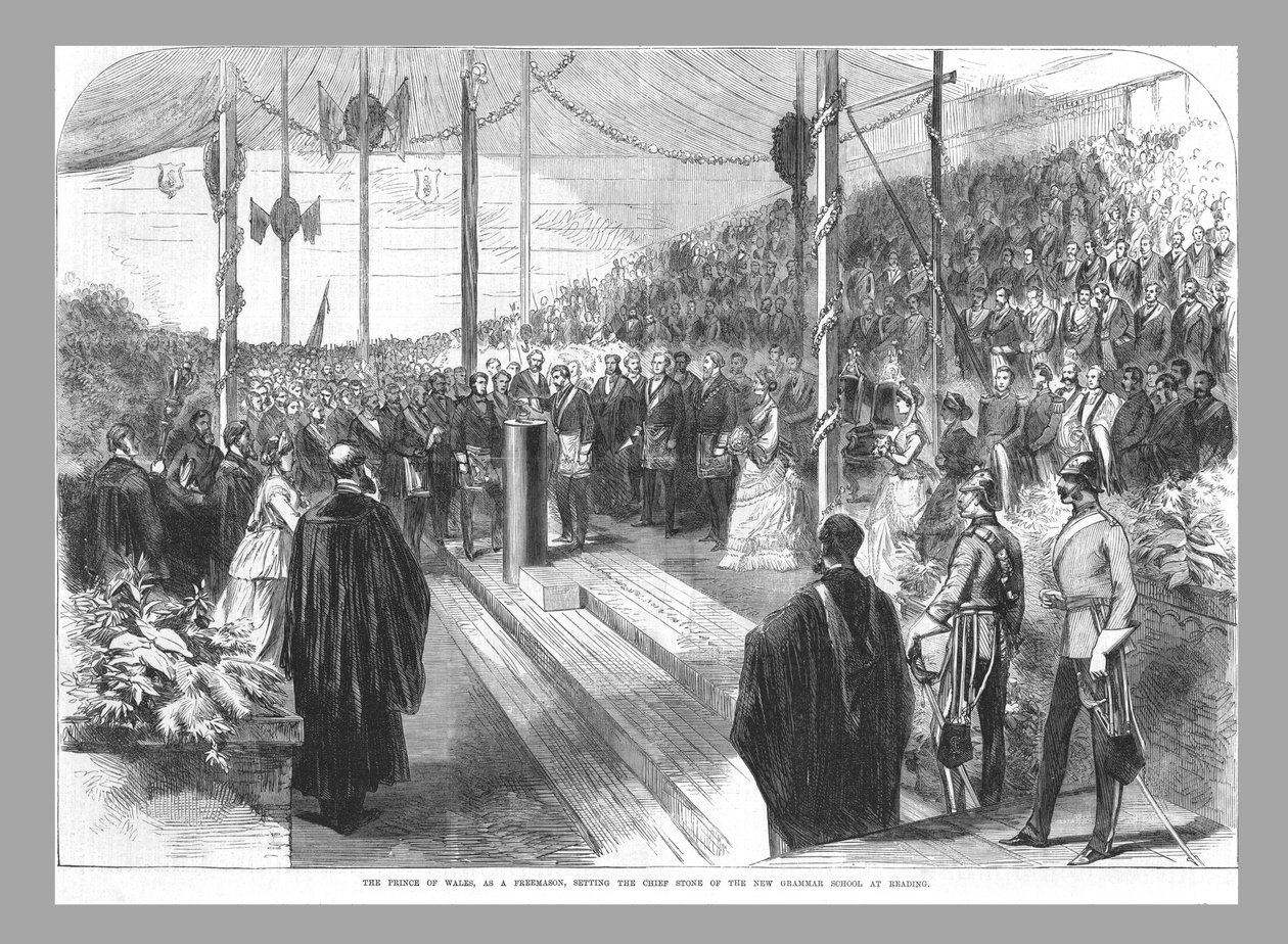 Prinsen av Wales setter hovedsteinen ved New Grammar School i Reading., 1870 av Unbekannt
