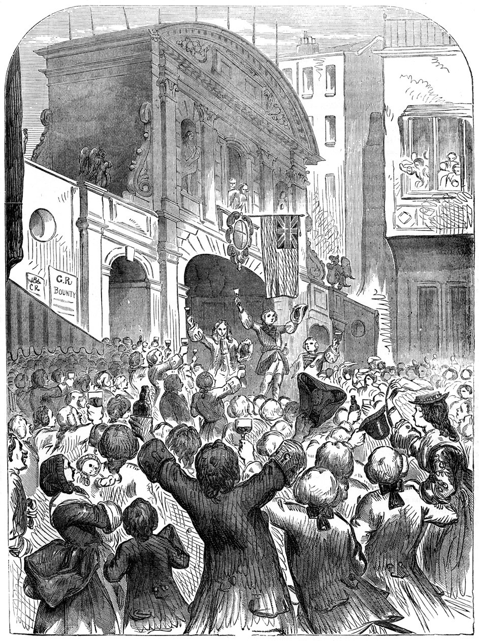 Prinsen av Wales drikker suksess til krigen på Temple Bar, London, 1700-tallet, 1800-tallet av Unbekannt