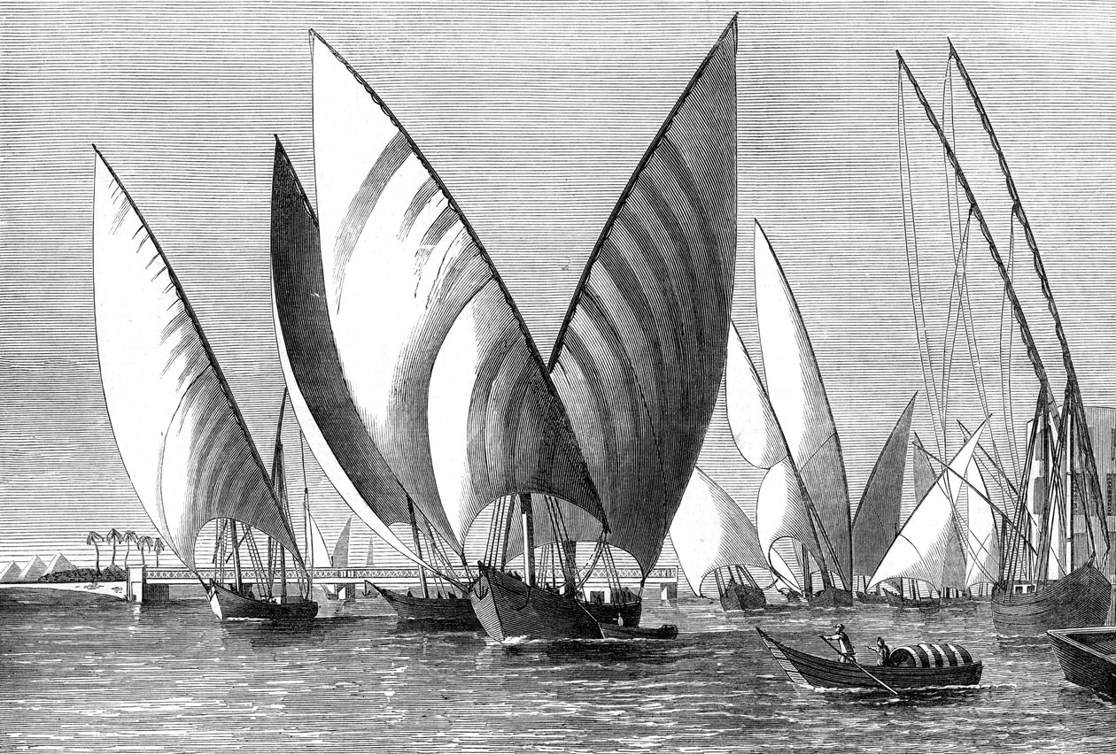 Elven ved Boulak Bridge, Kairo, med dahabeahs som passerer, 1874 av Unbekannt