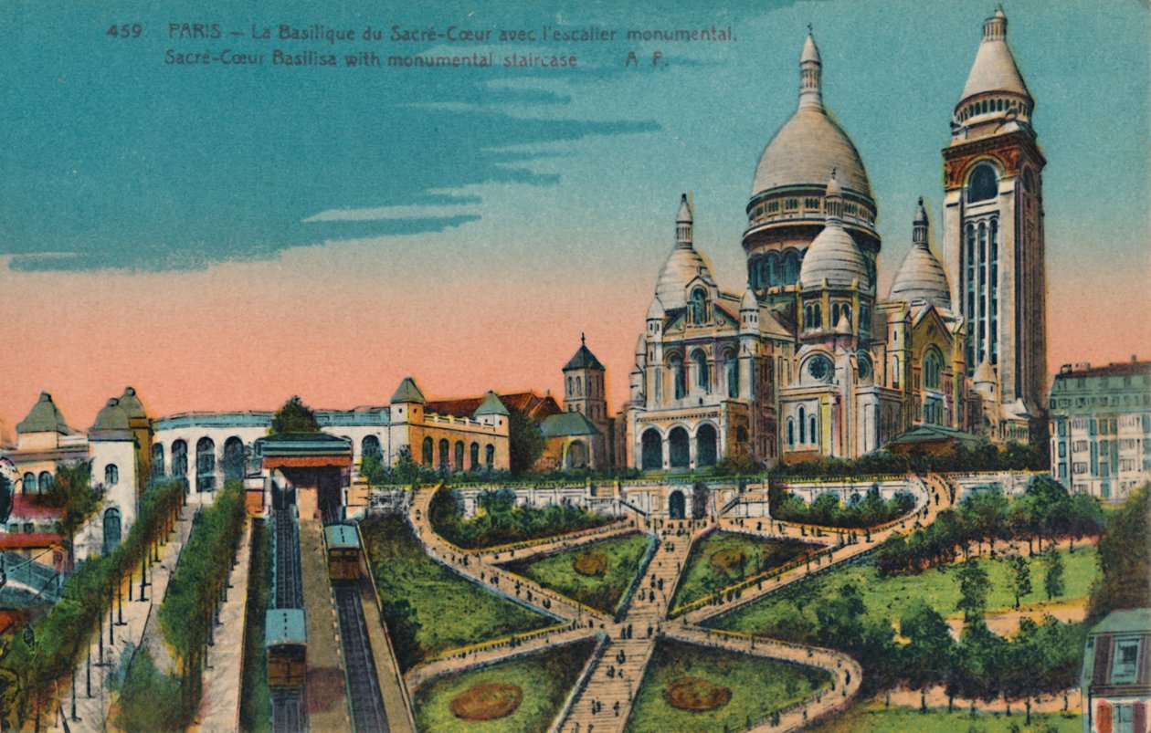 Sacre-Coeur-basilikaen med monumental trapp, Paris, c1920 av Unbekannt