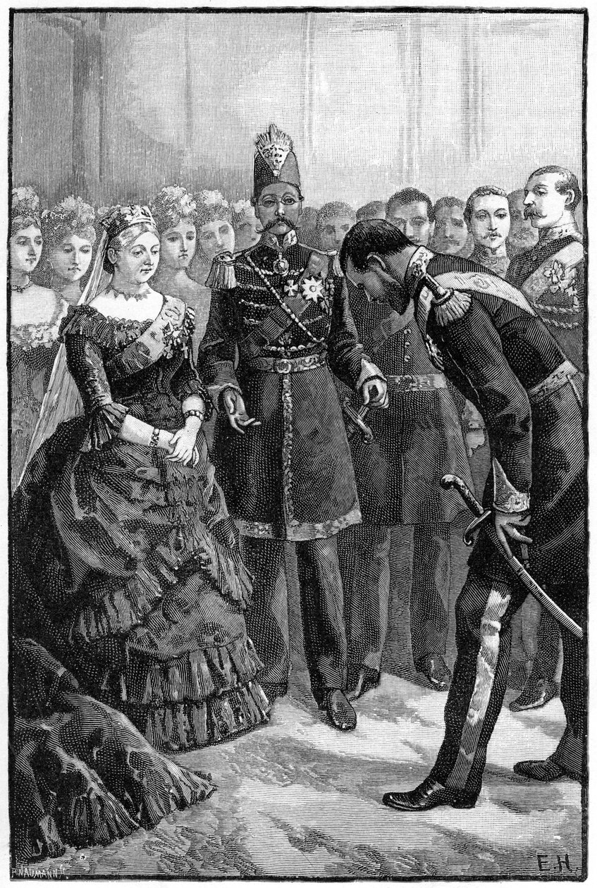 Sjahen av Persia presenterer drakten sin til dronning Victoria i Windsor, midten av slutten av 1800-tallet av Unbekannt