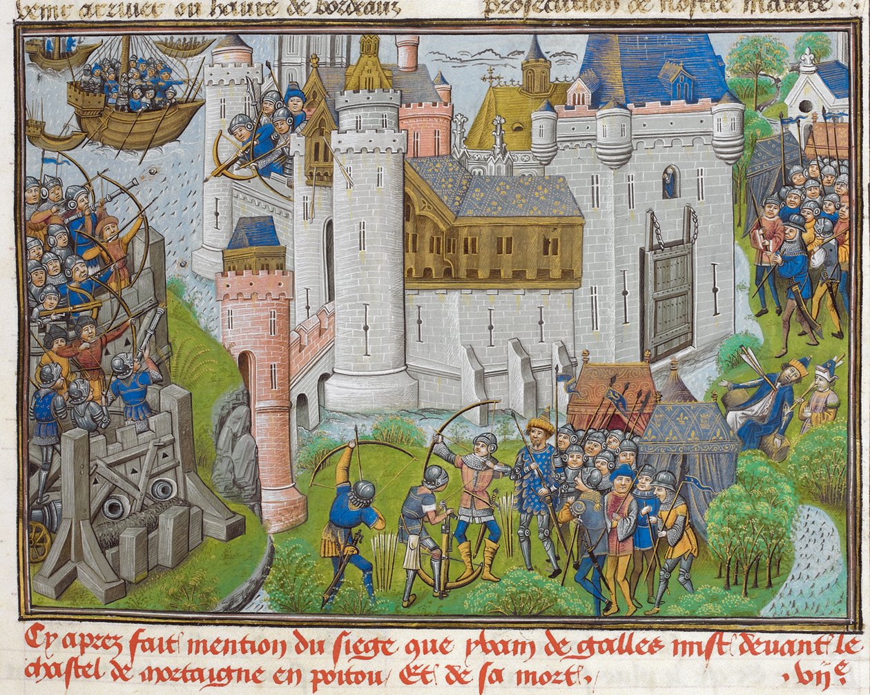 Beleiringen av slottet Mortagne, nær Bordeaux, i 1377 aus Recueil des croniques dEngleterre av Unbekannt