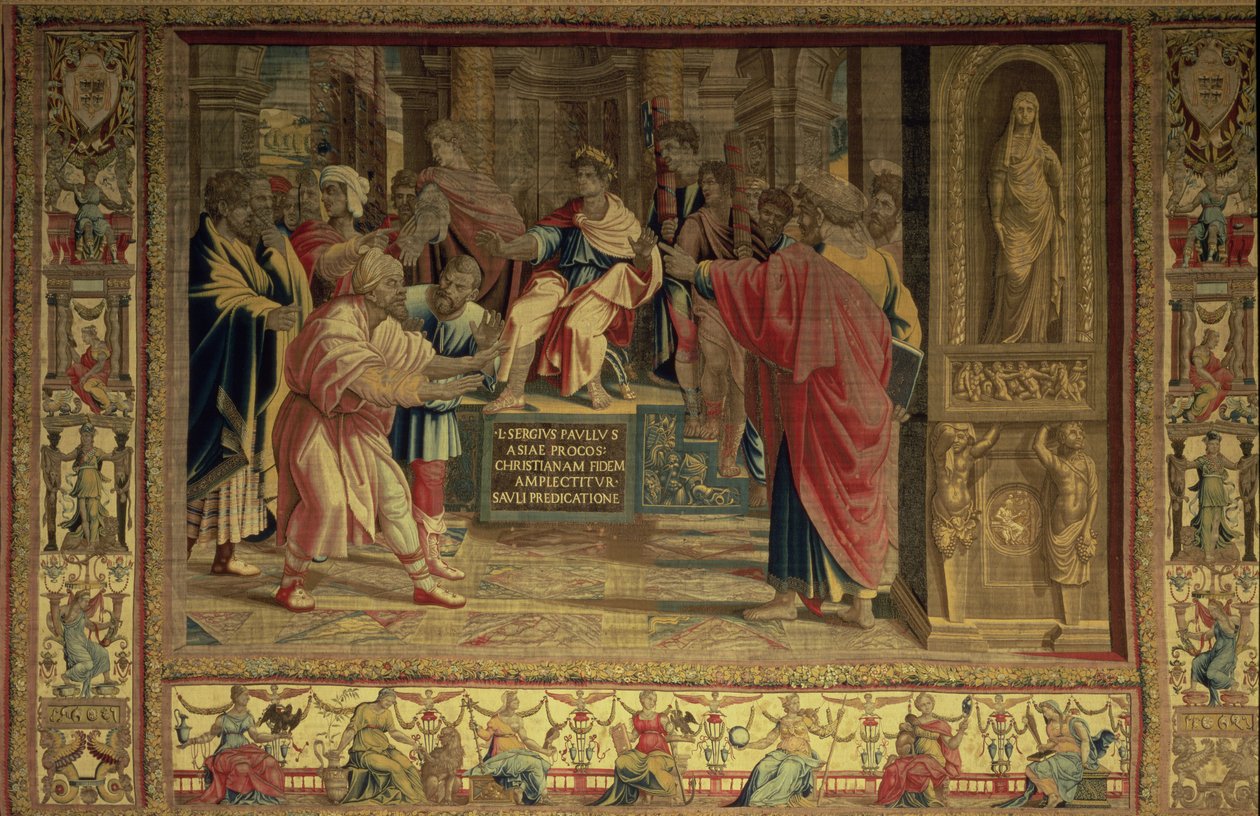 Trollmannen Elymas ble slått blind av St. Paul før den romerske guvernøren Sergius Paulus, detalj fra Brussel-teppet, kopier av Rafaels Vatikanserie av Apostlenes gjerninger (teppet) av Unbekannt