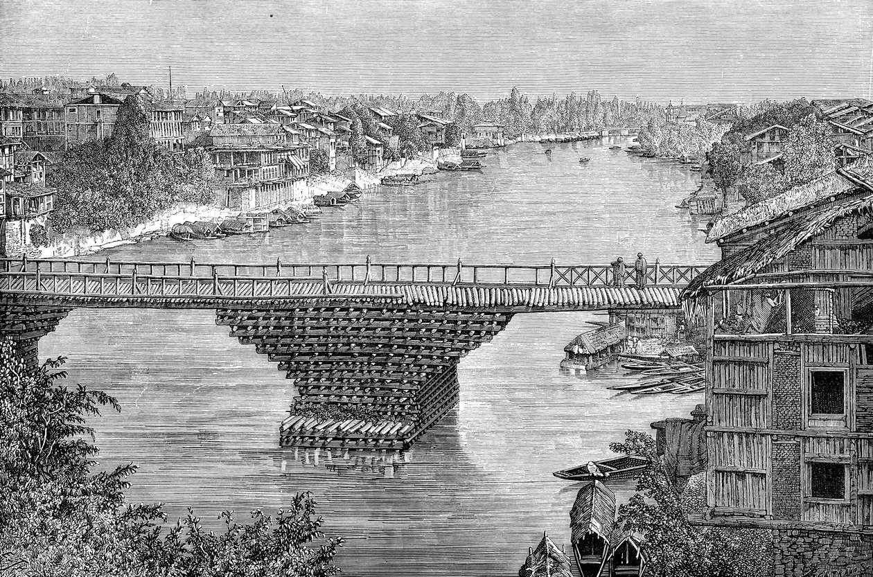 Srinagar-broen over elven Jhelum, Pakistan, 1895 av Unbekannt