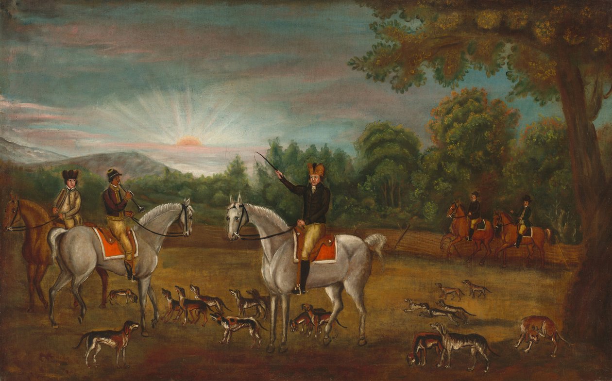 The Start of the Hunt, c. 1800.    1205255   no       norwegian Successfully Translated  Original: ""Je suis cavalier! (ou le matin de lofficier fraichement decore) (Fresh Cavalier (Morning of a bureaucrat receiving his first cross) Un militaire en robe de av Unbekannt