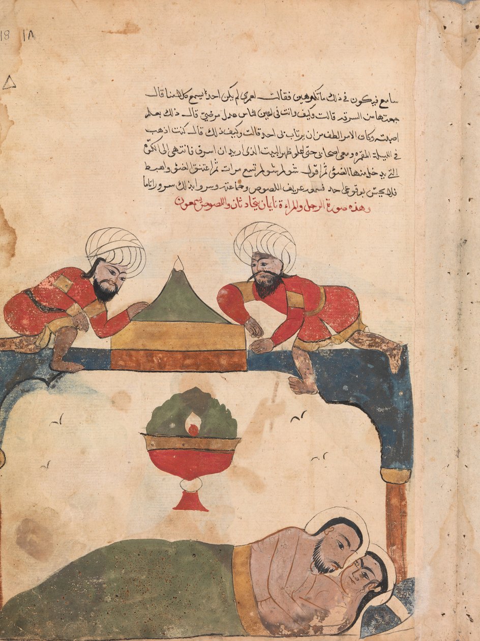 Tyvene på taket vekker kjøpmannen, Folio fra en Kalila wa Dimna, 1700-tallet. av Unbekannt