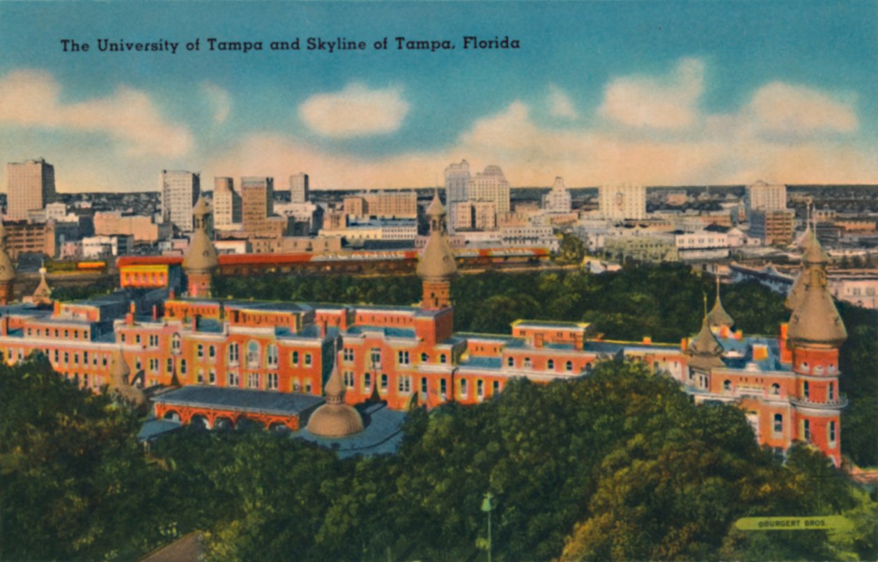 University of Tampa og Skyline of Tampa, Florida, c1940-tallet av Unbekannt