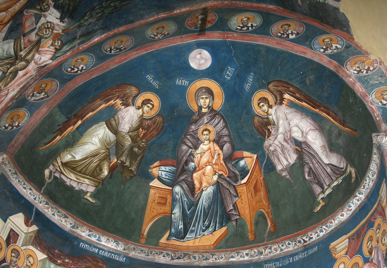 Jomfruen tronet med Kristus Emmanuel med erkeenglene Michael og Gabriel, 1300-tallet av Unbekannt
