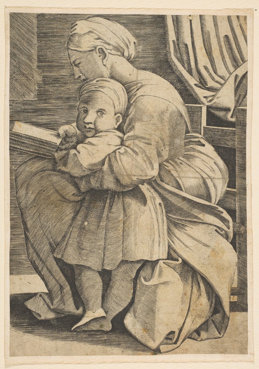 Jomfruen leser med spedbarnet Kristus, kvinne som sitter i profil vendt mot venstre og..., ca. 1515-1600. av Unbekannt