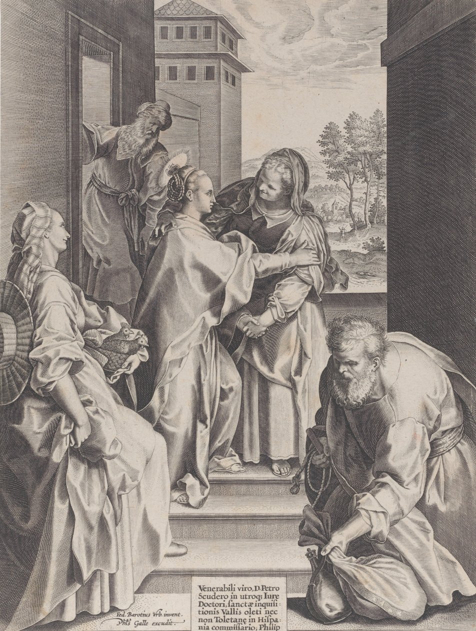 Visitasjonen, Jomfruen og Saint Elizabeth omfavner i sentrum, flankert av andre f..., 1589. av Unbekannt
