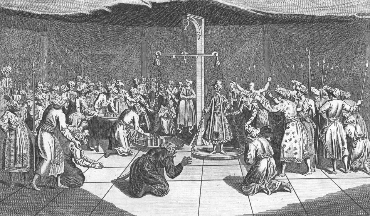 The Weighing of the Great Mogul, c1782 av Unbekannt