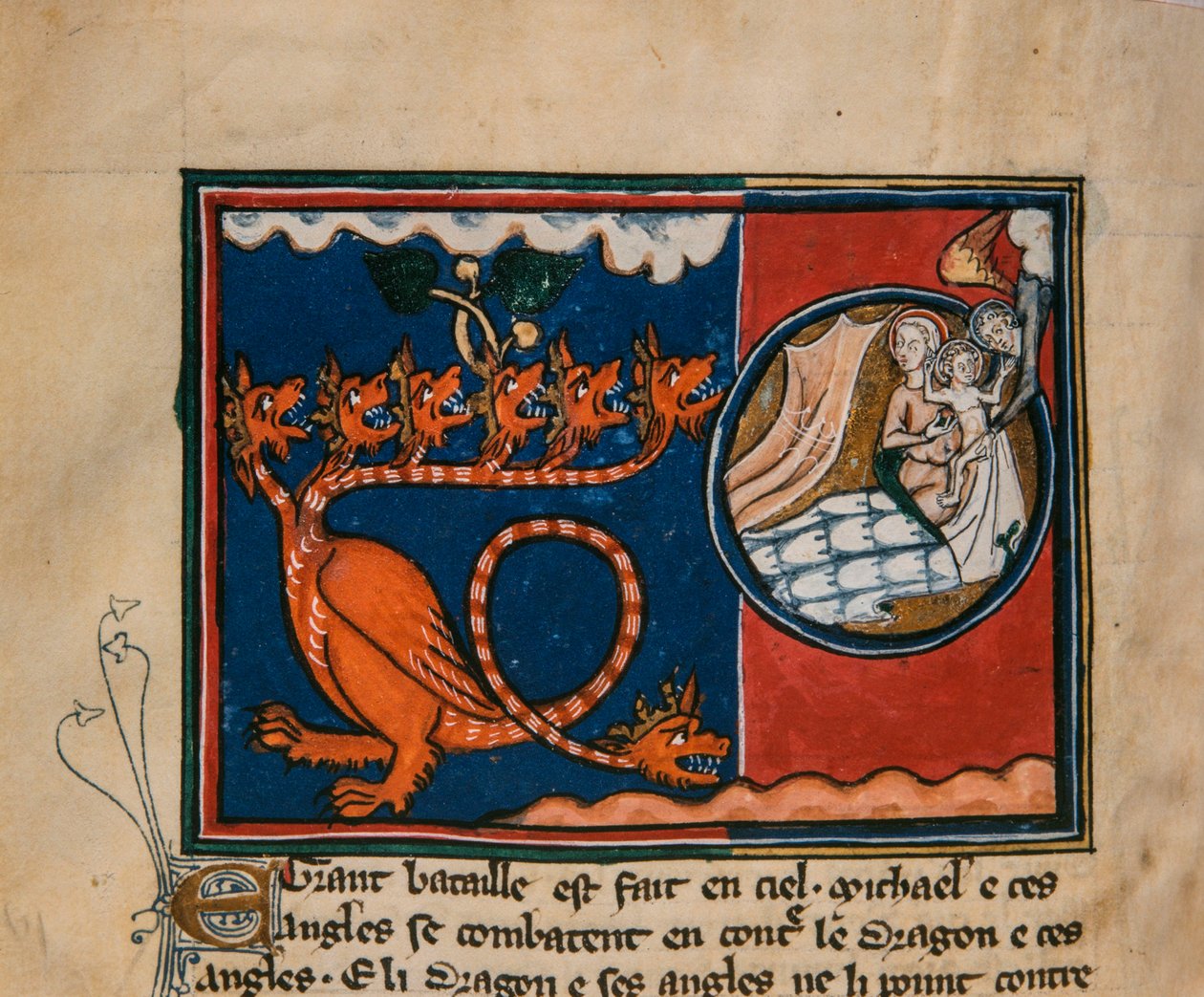 Kvinnen og dragen. Miniatyr fra: Apocalypse de saint Jean, ca 1320. av Unbekannt