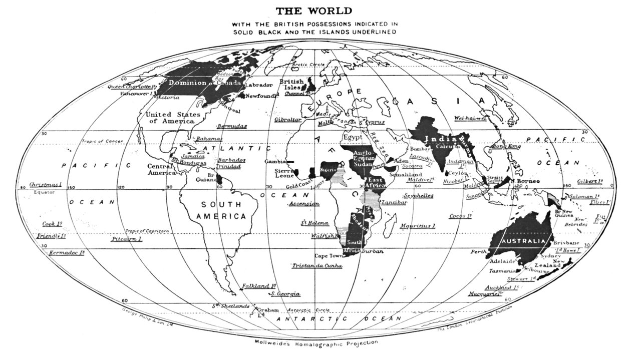 Verden med de britiske eiendelene angitt i solid svart og øyene understreket, 1924 av Unbekannt