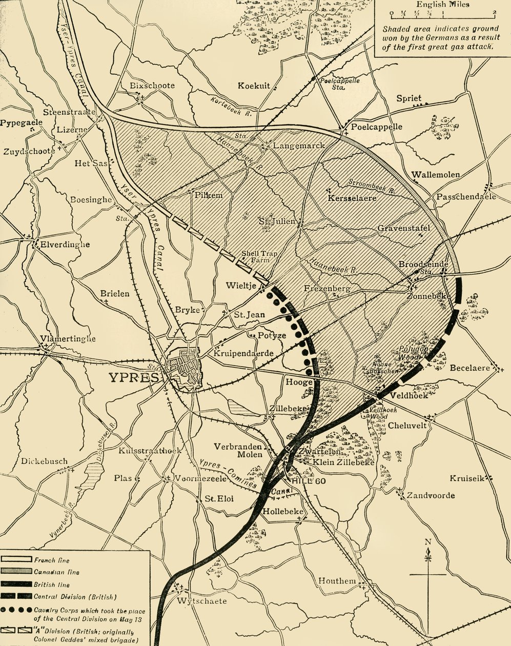 The Ypres Salient før og etter det andre slaget ved Ypres..., første verdenskrig, 1915, c1920. av Unbekannt