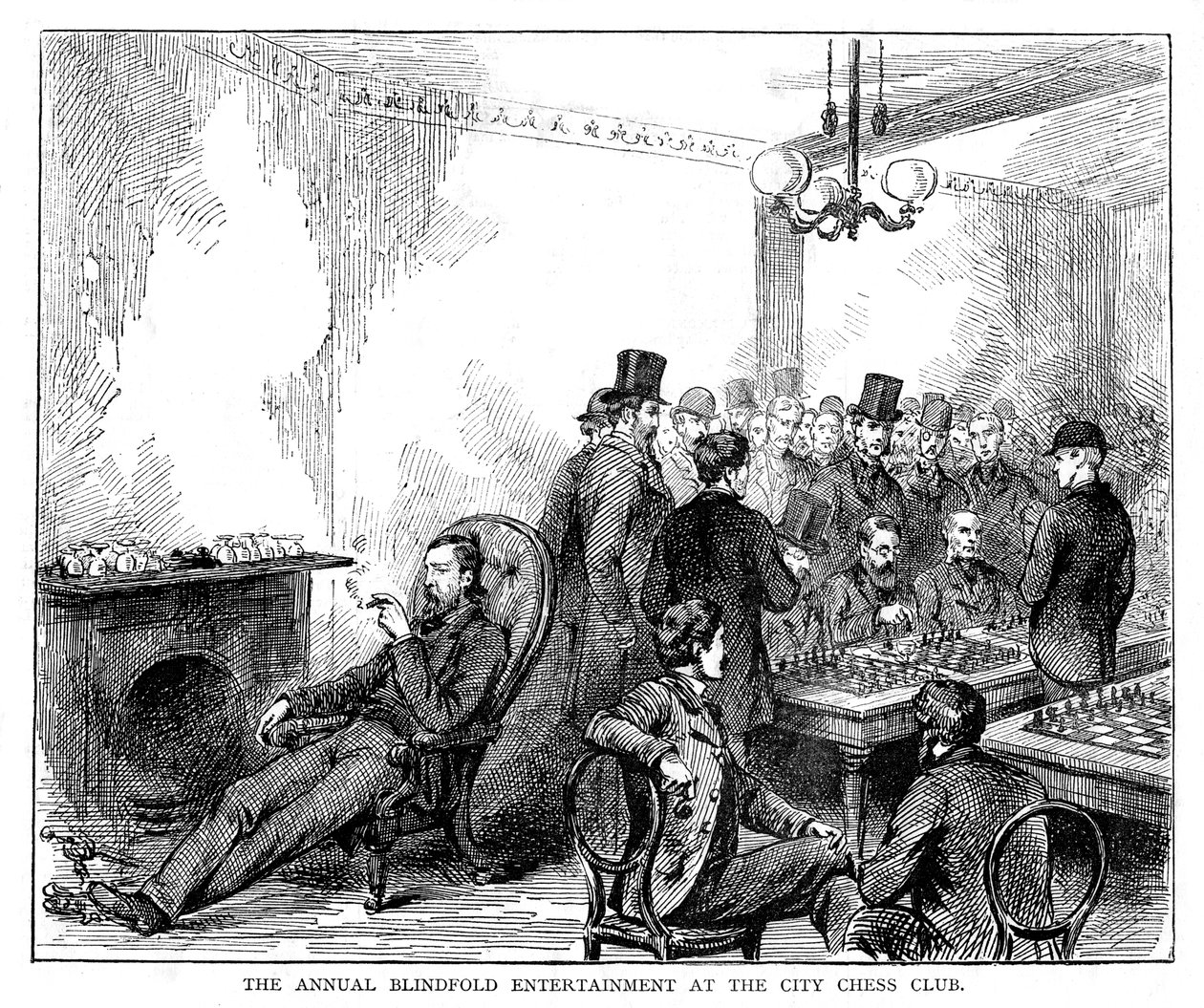 Den årlige underholdningen med bind for øynene ved byens sjakklubb, 1876 av Unbekannt