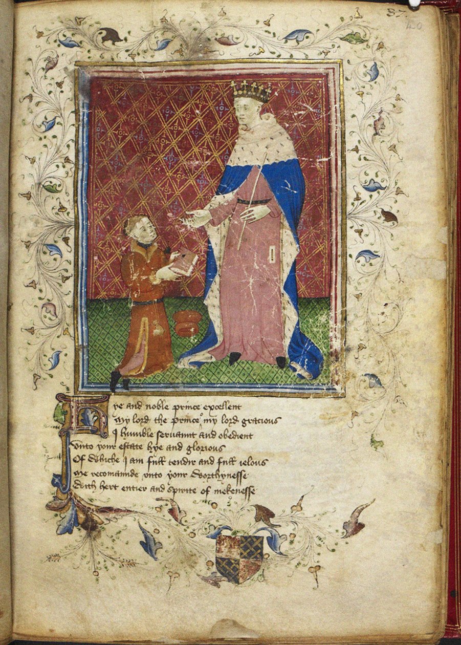 Forfatteren presenterer boken sin til Henry V fra Thomas Hoccleves Regiment of Princes, 1400-tallet av Unbekannt