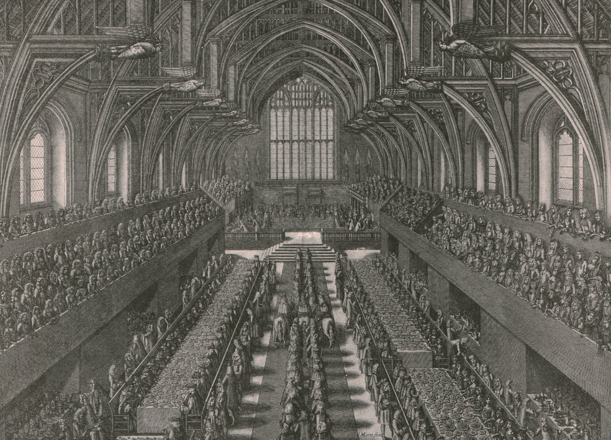 Banketten i den store salen ved Palace of Westminster ... kroningen av James II i 1685, 1902. av Unbekannt