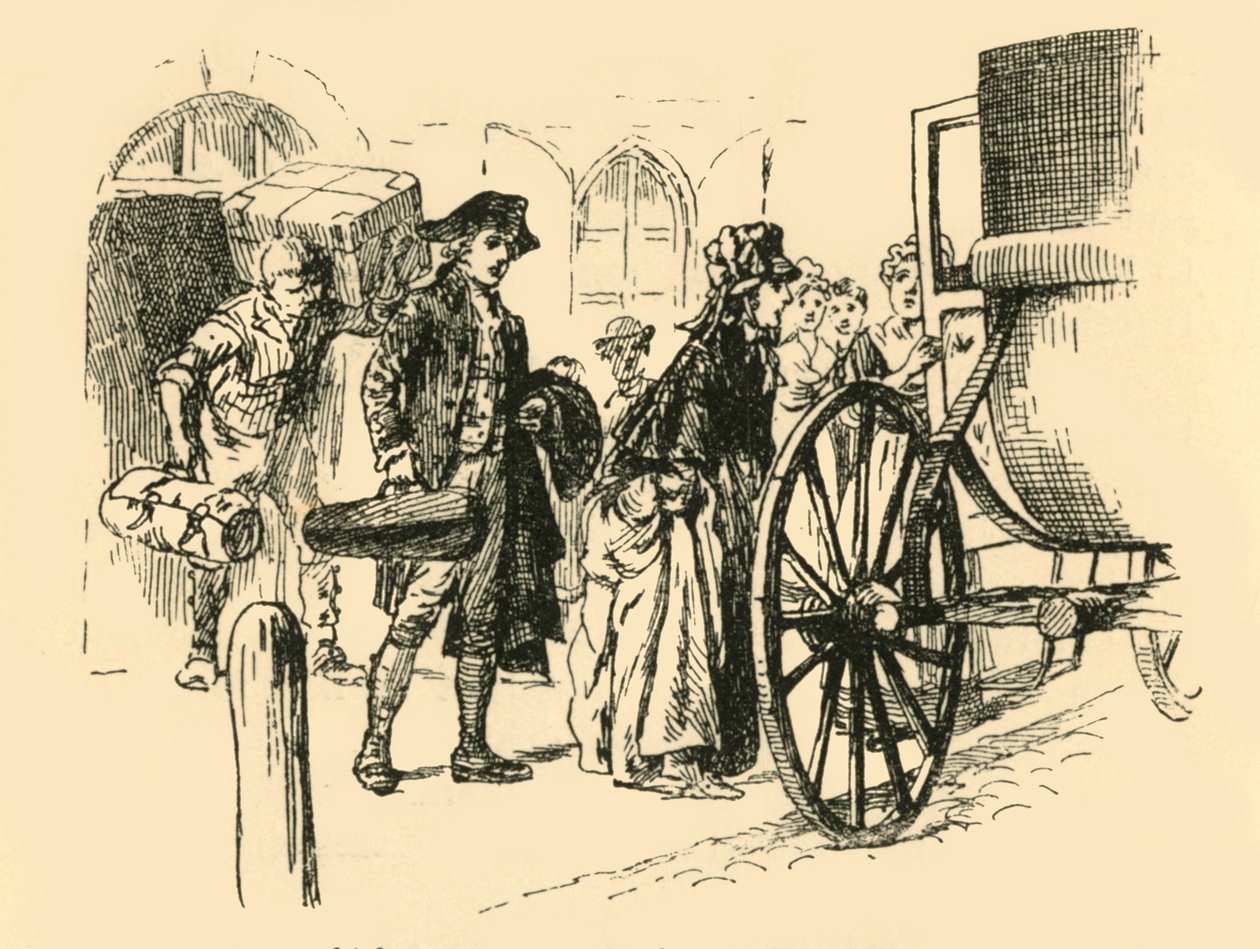 Vognen som skulle transportere de reisende trakk opp ved døren, 1907. av Unbekannt