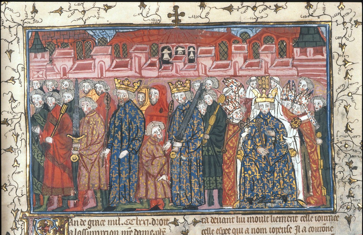 Kroningen av Philippe II Auguste i nærvær av Henry II av England Fra Chroniques de France ou de St Denis, etter 1380 av Unbekannt