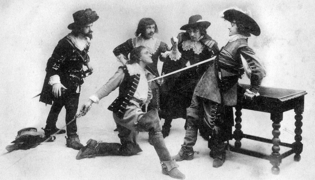 Duellen, scene fra akt I av The Breed of the Treshams av John Rutherford, 1900-tallet av Unbekannt