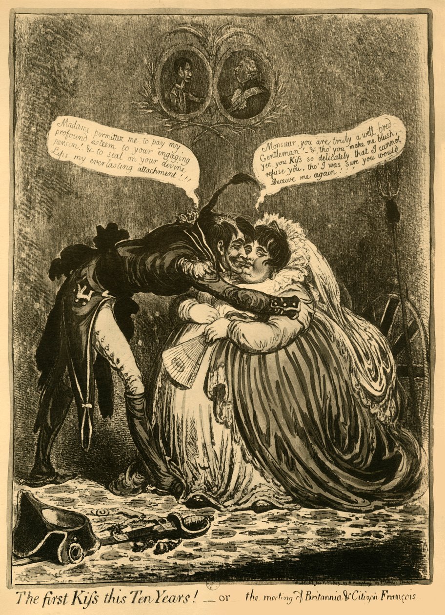 Det første kysset på ti år! - eller - møtet til Britannia & Citizen François, 1803, 1921. av Unbekannt