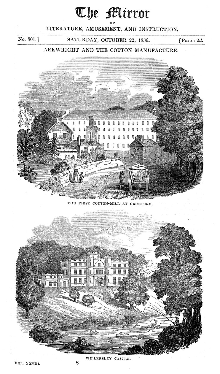 Den første bomullsfabrikken i Cromford, Derbyshire og Richard Arkwrights hus, 1836 av Unbekannt