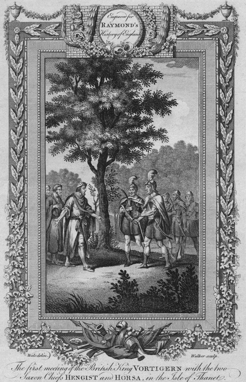 Det første møtet mellom den britiske kong Vortigern med de to saksiske høvdingene Hengist og Horsa, c1787 av Unbekannt