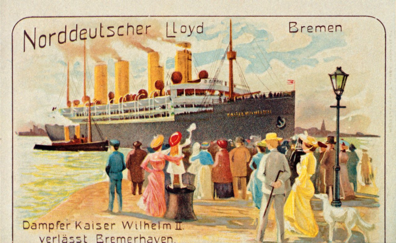 Den gigantiske SS Kaiser Wilhelm II trekker fra kaikanten ved Bremerhaven, Tyskland, 1905. av Unbekannt