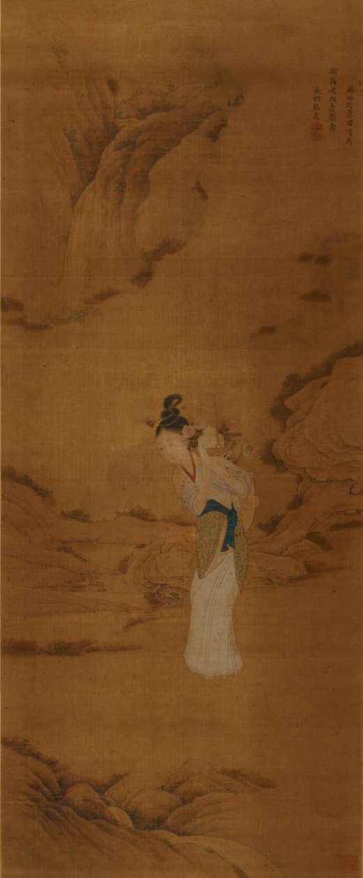 Gudinnen Magu med en kurv med blomster, Qing-dynastiet 1645-1911 av Unbekannt